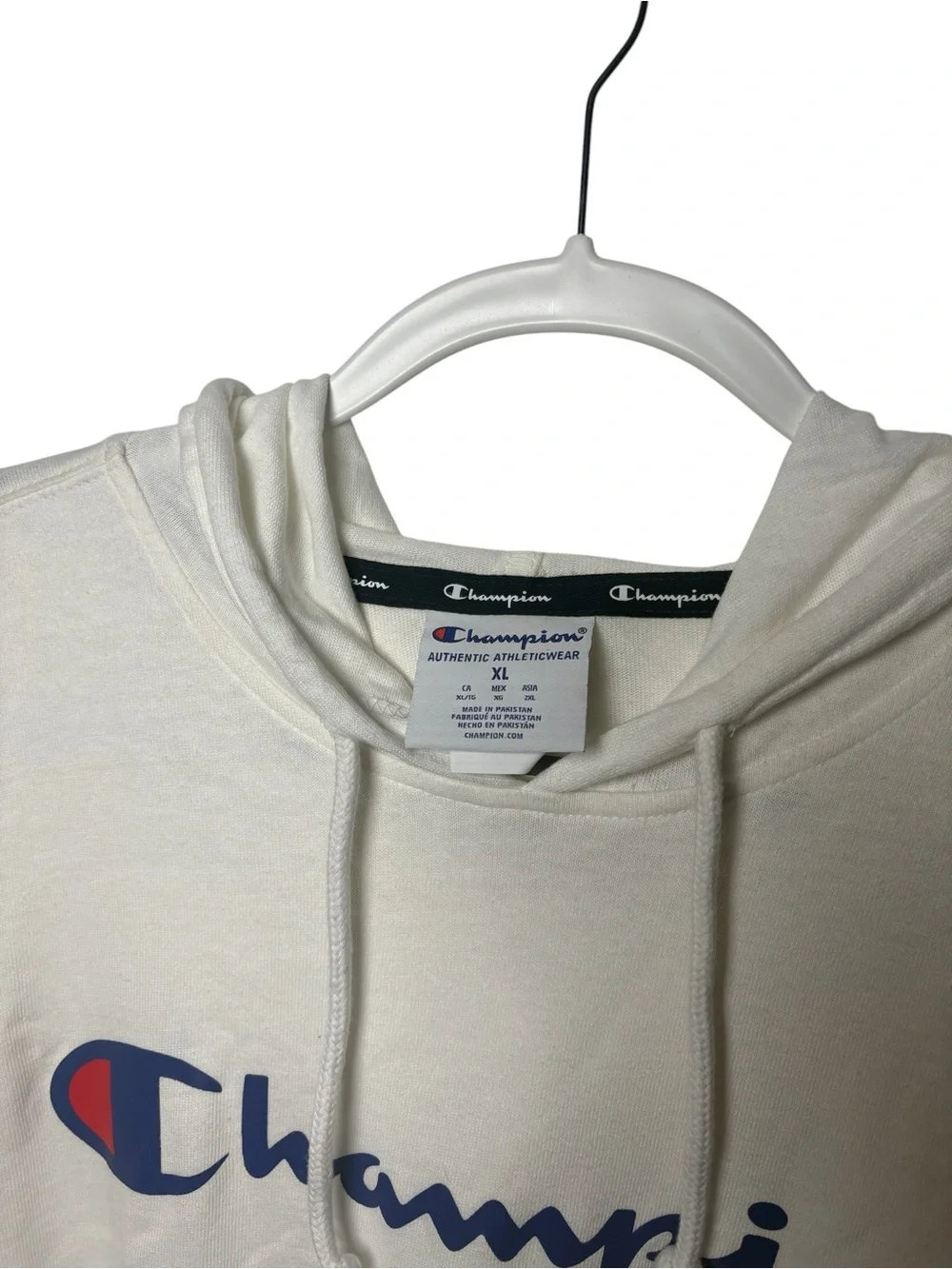 Champion Hoodie XL White Navy Logo Pullover Sweatshirt NWT Standard Fit